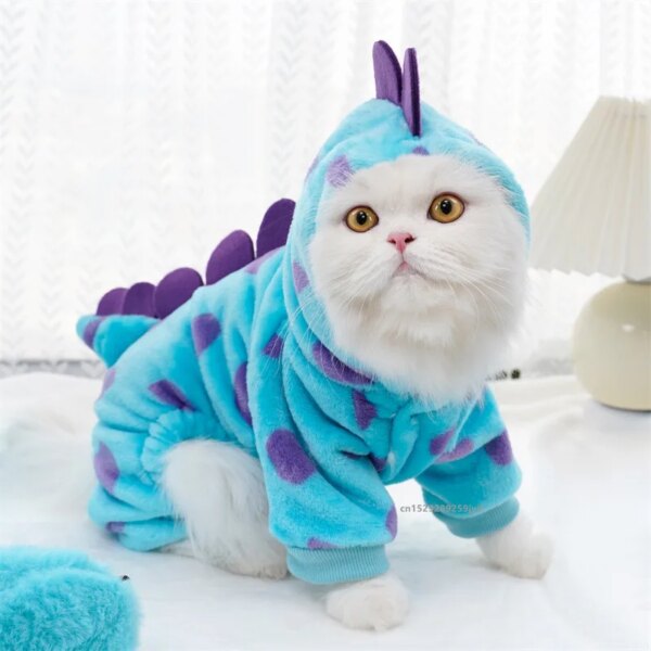 Warm Blue Dinosaur Hooded Pet Coat