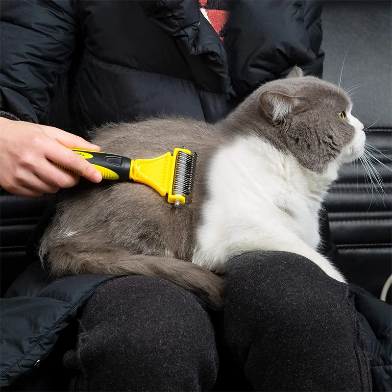 Pets Stainless Steel Grooming Brush Two-Sided Shedding and Dematting Undercoat Rake Comb for Dog Cat Remove Knots Tangles Easily Pets Stainless Steel Grooming Brush Two-Sided Shedding and Dematting Undercoat Rake Comb for Dog Cat Remove Knots Tangles Easily