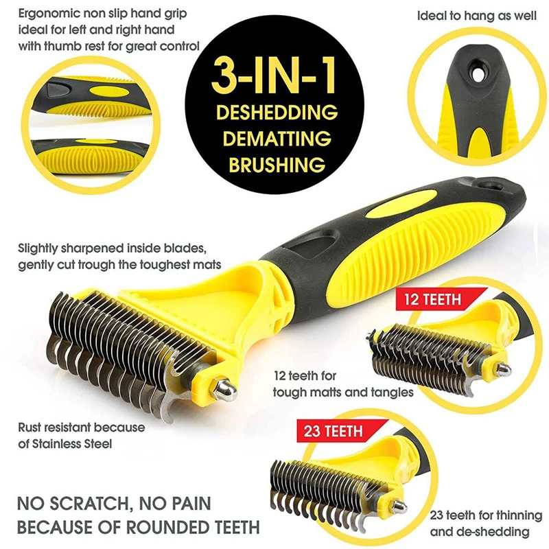 Pets Stainless Steel Grooming Brush Two-Sided Shedding and Dematting Undercoat Rake Comb for Dog Cat Remove Knots Tangles Easily Pets Stainless Steel Grooming Brush Two-Sided Shedding and Dematting Undercoat Rake Comb for Dog Cat Remove Knots Tangles Easily