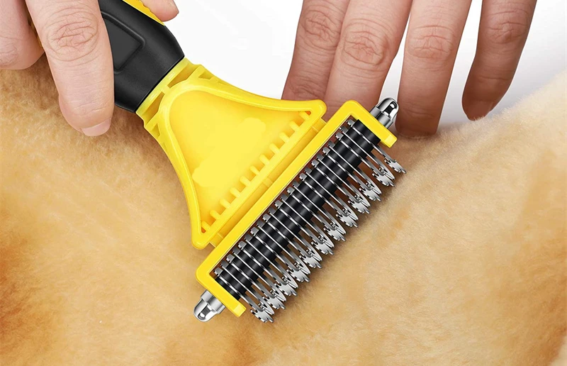 Pets Stainless Steel Grooming Brush Two-Sided Shedding and Dematting Undercoat Rake Comb for Dog Cat Remove Knots Tangles Easily Pets Stainless Steel Grooming Brush Two-Sided Shedding and Dematting Undercoat Rake Comb for Dog Cat Remove Knots Tangles Easily