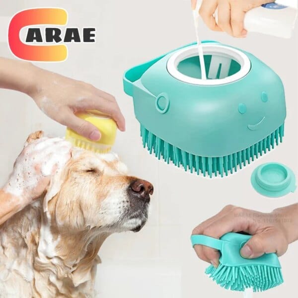Soft silicone brush for pet grooming and shampoo dispensing.